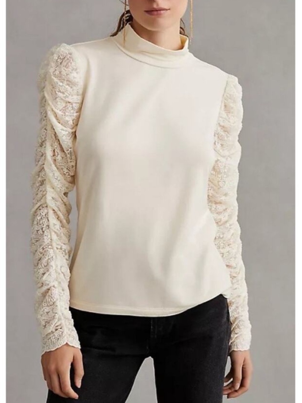 Anthropologie Maeve Lace Sleeve Mock Neck Top